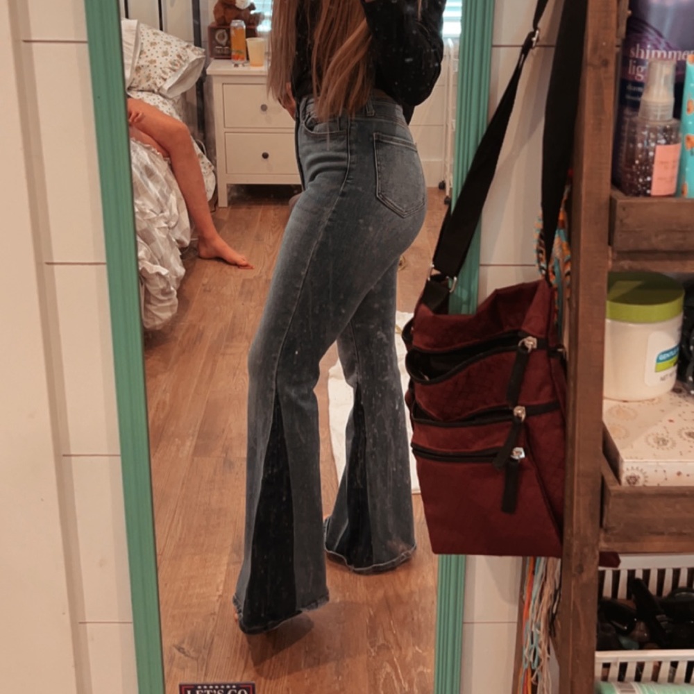 Denim Bellbottom Jeans! Very lightly distressed with 2 tone bells.